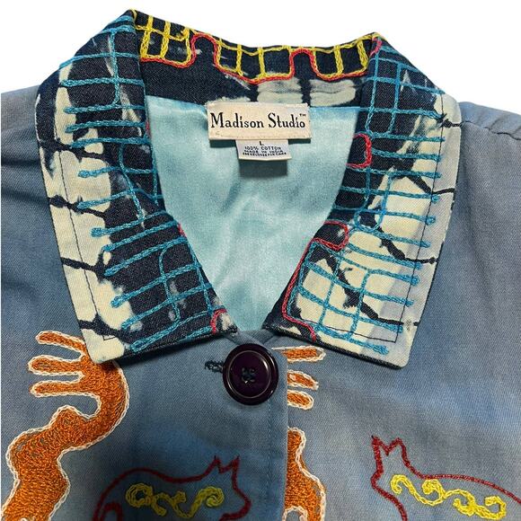 Madison Studio, Blue, Aztec Embroidery Button Top, Women's L - Picture 2 of 15